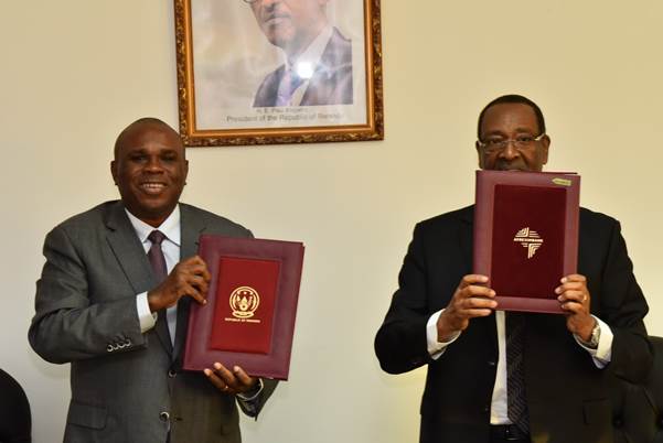 Afreximbank President Prof. Benedict Oramah (left) and His Excellency Alfred Kalisa, Ambassador of the Republic of Rwanda in Egypt after signing the Headquarters Agreement for FEDA.